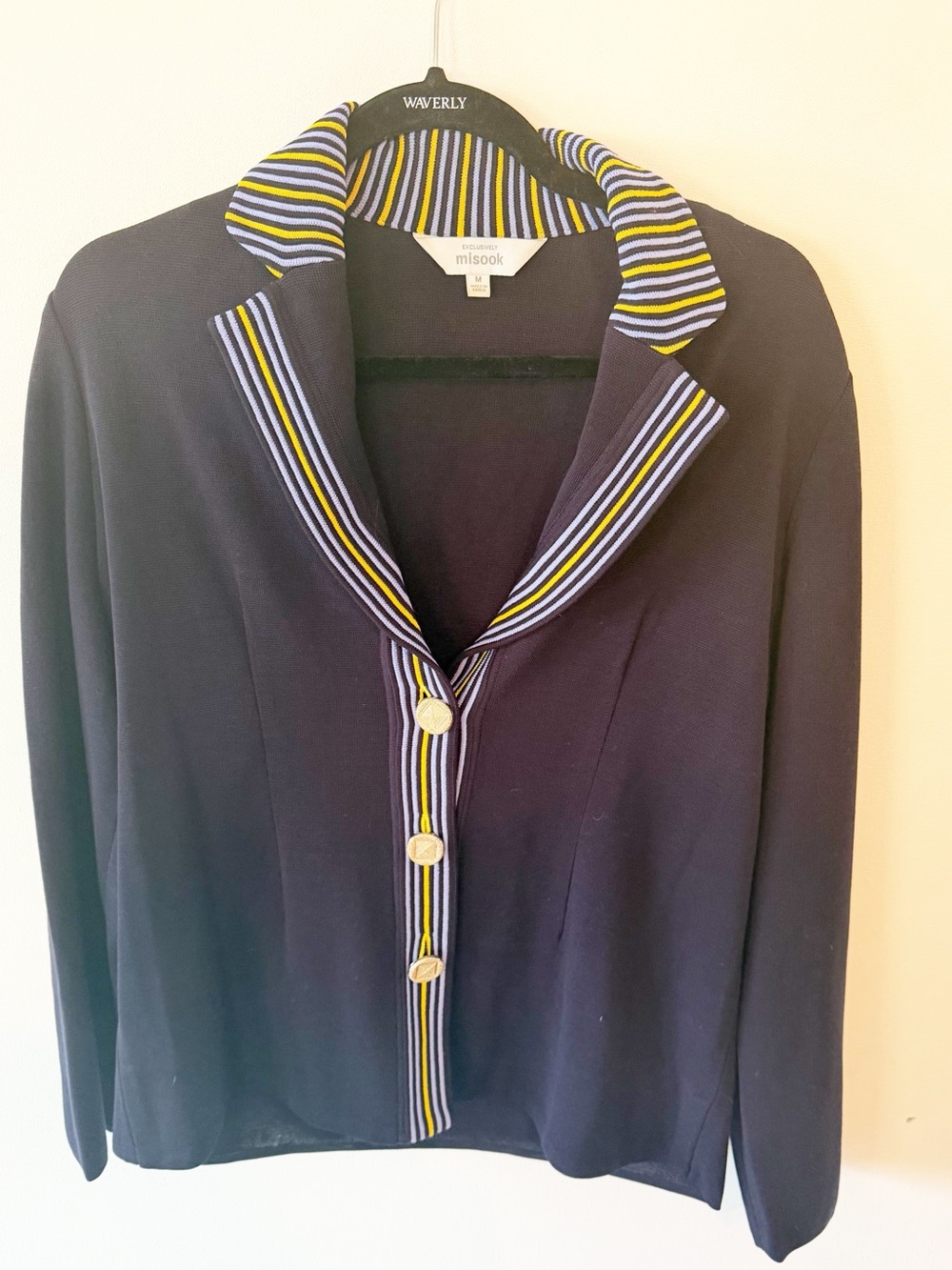 Misook Navy Jacket with Yellow light blue & White Striped Trim With Gold Buttons